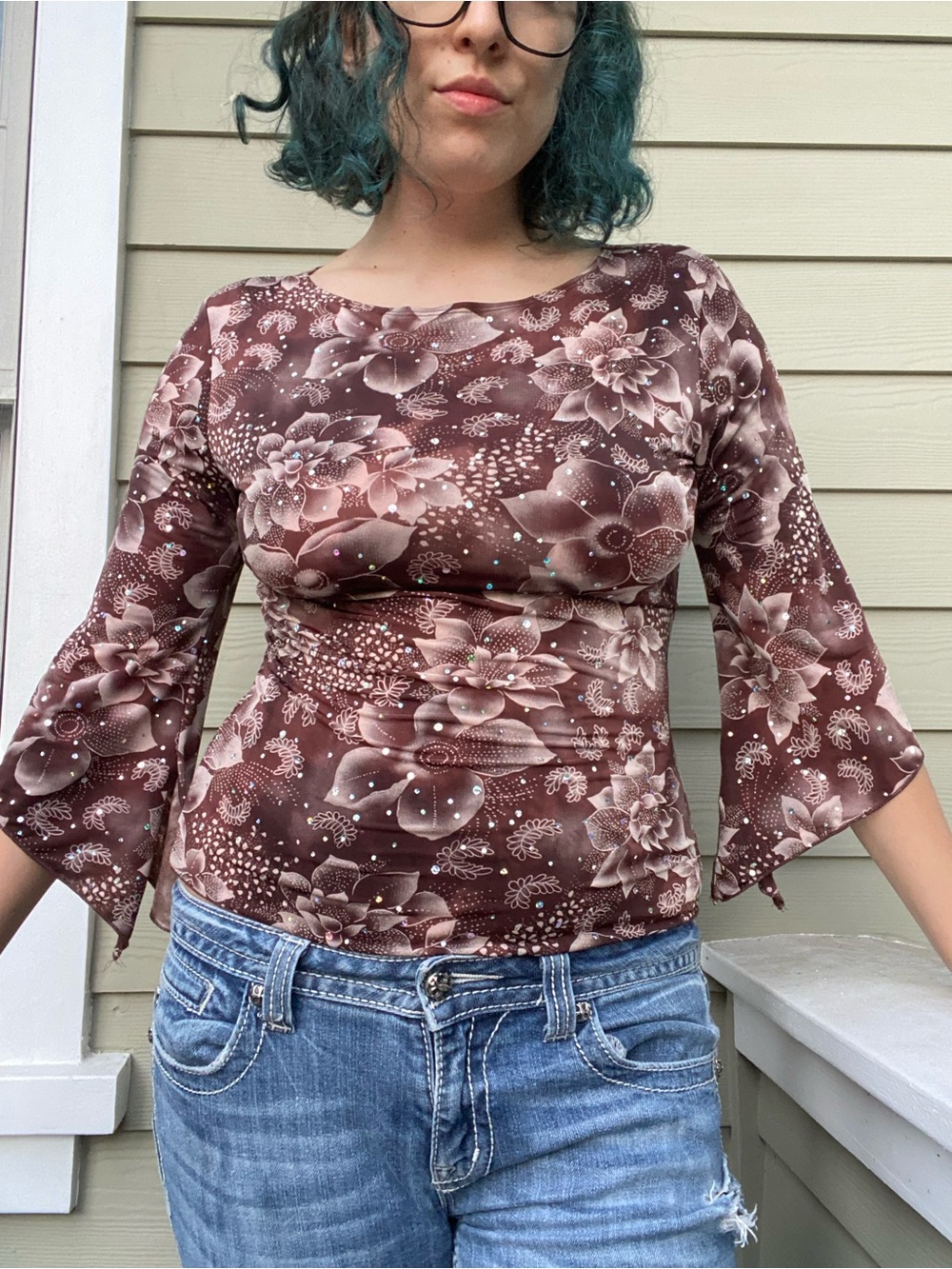 Brittany Black Brown Floral Bell-Sleeve Top
